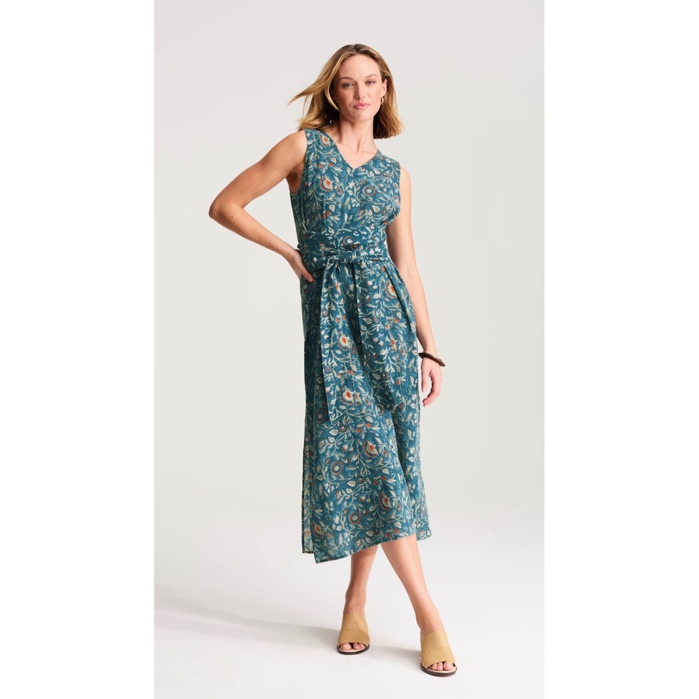 Pure Jill J. Jill Blue Floral Paisley Cotton V-Neck Tie Waist Midi Dress Large